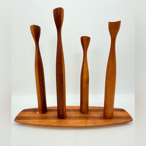 Vintage Other - Vintage Danish Modern Teak Candlesticks | Tulip Form | MCM Scandinavian